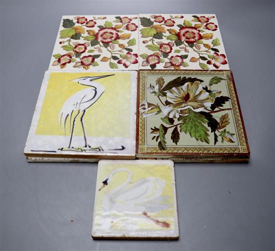 Six Victorian transfer printed ceramic tiles, each 15cm sq. and three painted tiles